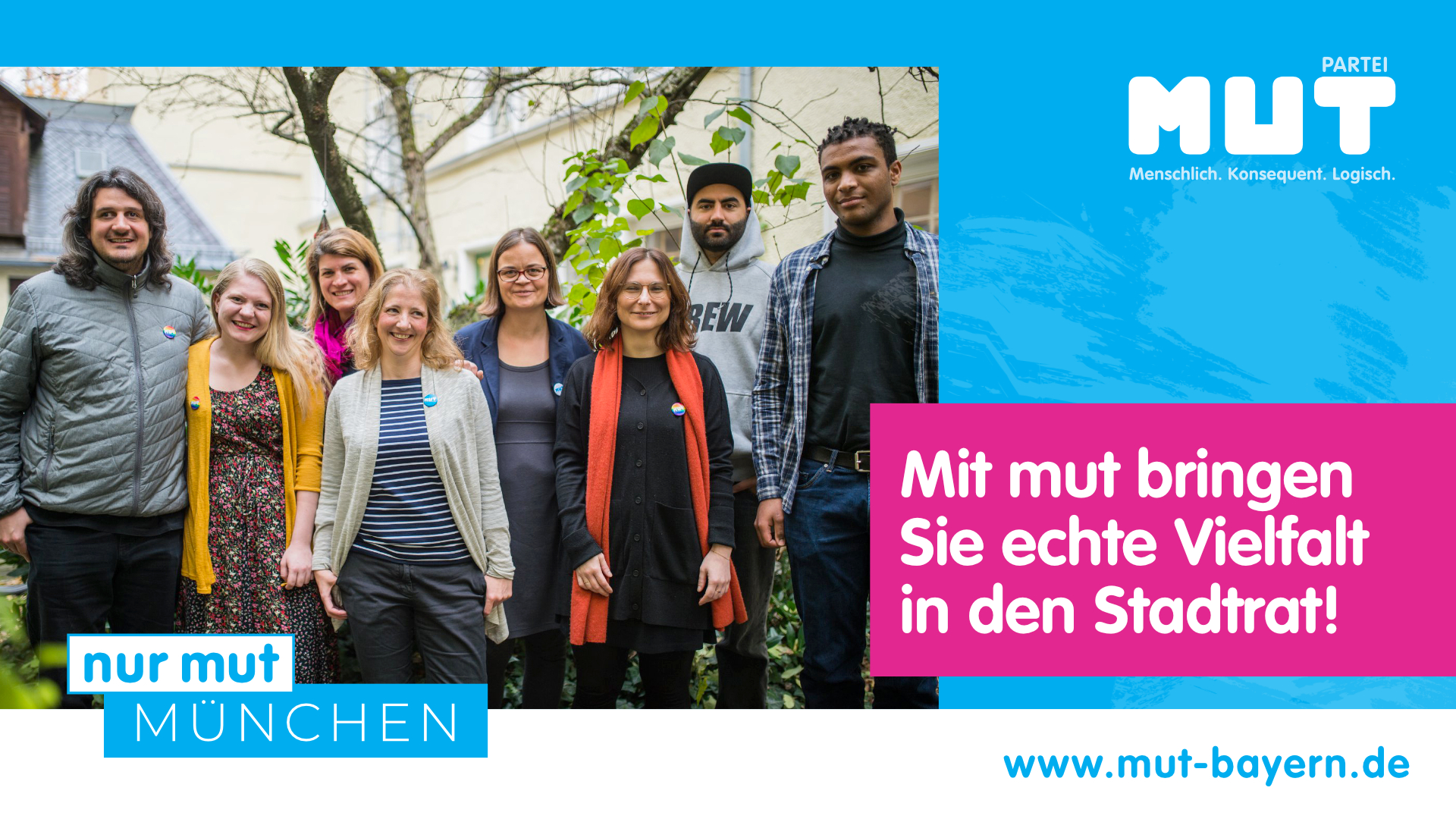 Stadtratswahl München - Gruppenbild Kandidierende. "Mit mut bringen Sie echte Vielfalt in den Stadtrat!"